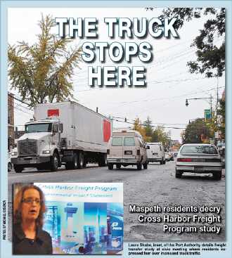 <B>Laura Shabe, insert, of the the Port Authority details freight transfer study at civic meeting where residents expressed fear over increased truck traffic. </B>PHOTO BY MICHAEL CUSENZA